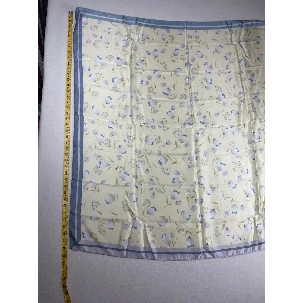100% Silk Square Scarf Floral Tulip Print Blue Cream Large 42 Inch